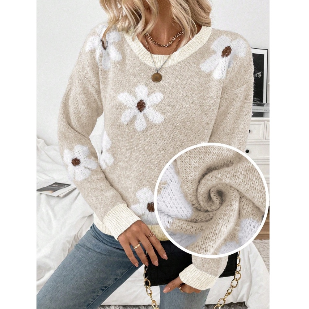 Beige Pullover Sweater Knit Flower Textured Button Front - Picture 2 of 8